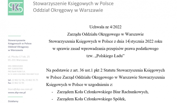 Uchwała nr 4/2022 Zarządu Oddziału Okręgowego w Warszawie Stowarzyszenia Księgowych w Polsce z dnia 14 stycznia 2022 roku w sprawie zasad wprowadzania przepisów prawa podatkowego tzw. „Polskiego Ładu”